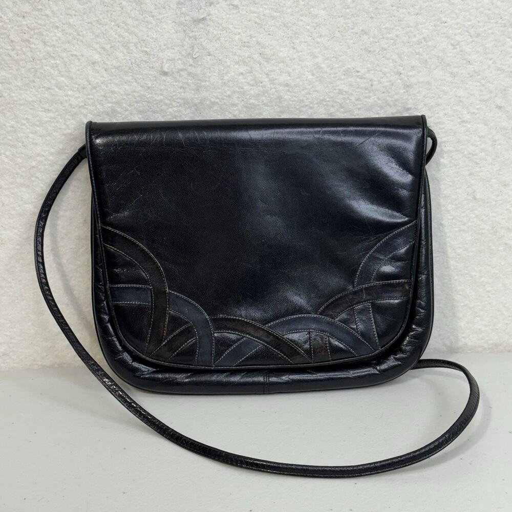 Nordstrom Italy Made Black Leather Crossbody Purse Structural Braid Detail VTG